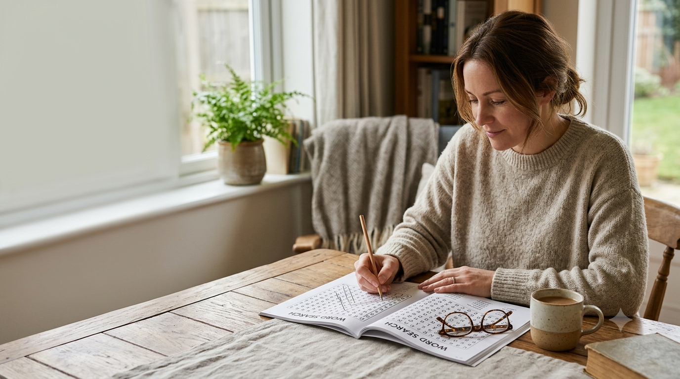 Woman completing word search puzzle on wooden table