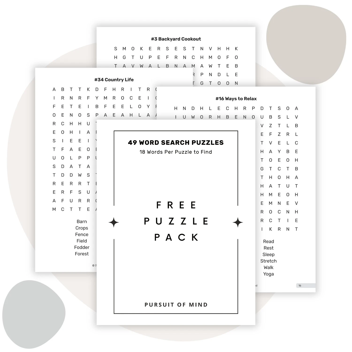 Printable word search pages sitting on top organic shapes
